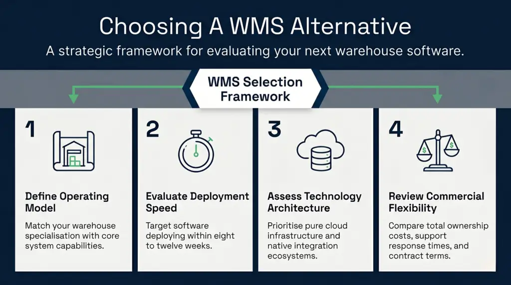 En horisontell infografik som i detalj beskriver en fyrstegs strategisk ram för val av nytt lagerhanteringssystem. De fyra kolumnerna, anslutna av en central banderoll "wms selection framework" (ramverk för val av lagerhanteringssystem), anger viktiga steg: definiera verksamhetsmodell, utvärdera driftsättningstid, bedöma teknisk arkitektur och granska kommersiell flexibilitet.